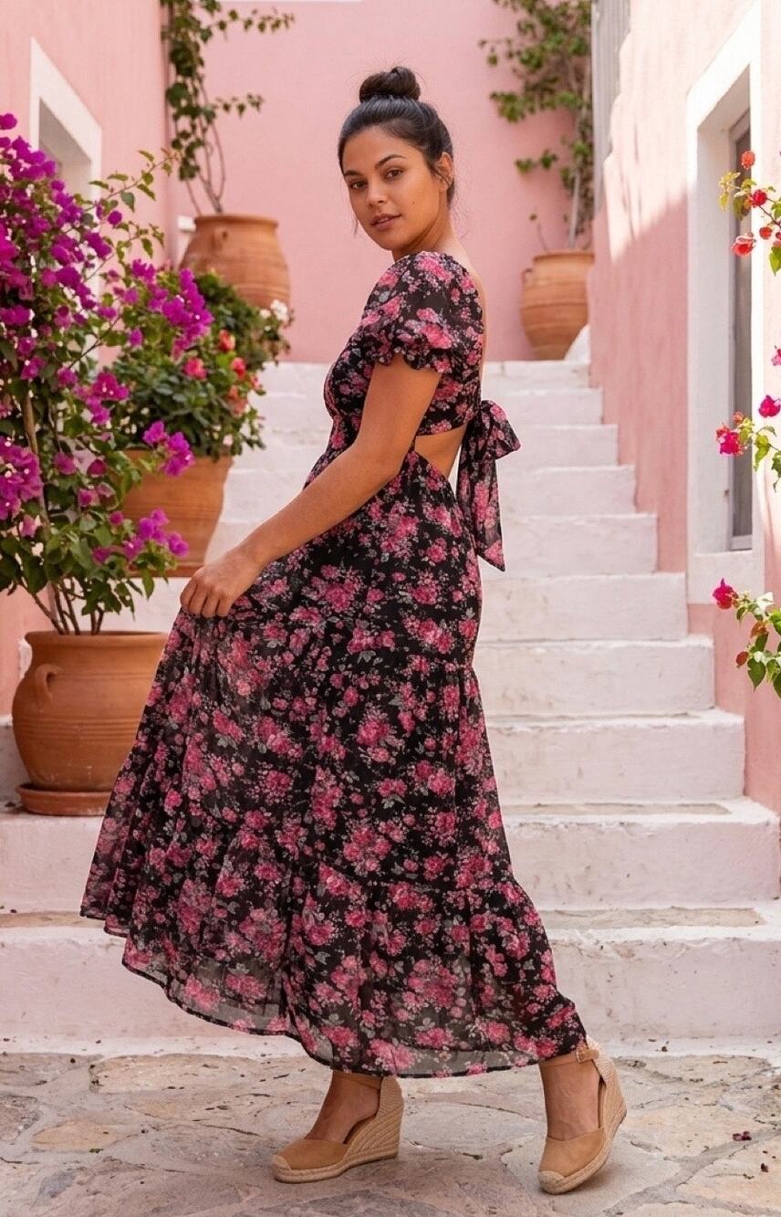 Altar'd State Black Floral Bow Back Ruffle Maxi Dress Medium NWOT Wedding Guest